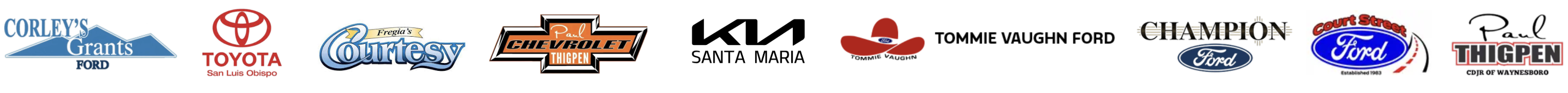 Customer logos including Corley's Ford, Toyota SLO, Fregia's Courtesy, Paul Thigpen Chevrolet, Kia Santa Maria, Tommie Vaughn Ford, Champion Ford, Court Street Ford, Paul Thigpen CDJR